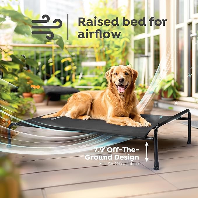 Veehoo XXXL Original Elevated Dog Bed - Outdoor Raised Dog Cots Beds for Large Dogs, One-Sided Extra Large Raised Cooling Pet Bed Off Ground, Non-Slip & Breathable, Black 53" L x 33" W x 7.9" Th
