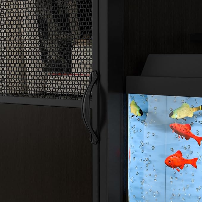 Fish Tank Stand, Modern Aquarium Stand with Built-in Cabinet and Shelves - Sleek Black Iron and Wood Grain Design for Stylish Home Décor（ 51.97" x W 19.69" x H 31.5"） Black