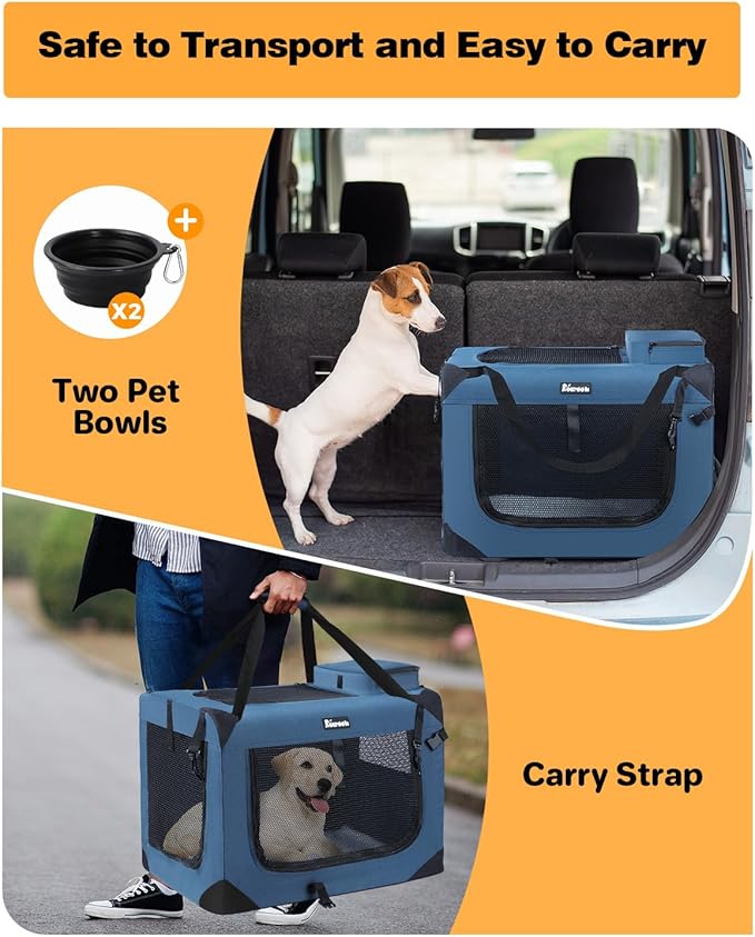 Extra Large Dog Crate with 2 Foldable Bowl, 40 Inch Collapsible Travel Dog Crate Kennel with Soft Blanket for Medium Dogs,Indoor & Outdoor (40" L x 27" W x 27" H, Navy)