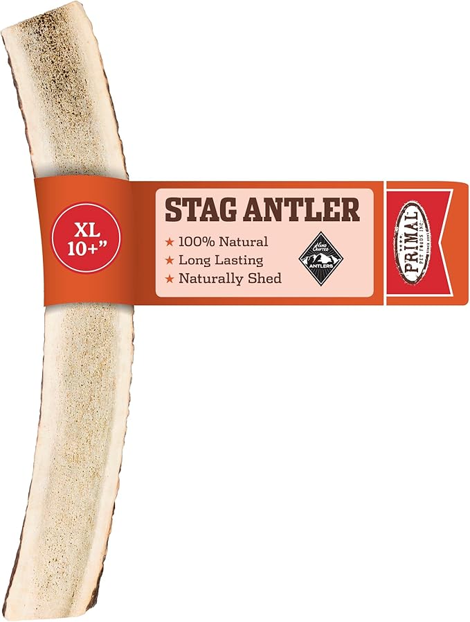 Primal Antlers for Dogs, Grade A Split Stag Antlers for Large Canines 45-60 lb, Natural Chews for Aggressive Chewers, Naturally Shed, Long Lasting Dog Bones, 1 ct