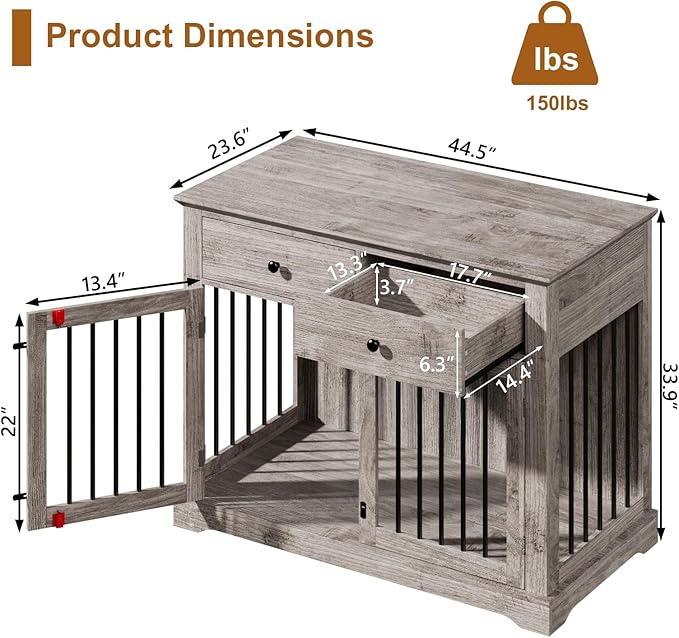 PUKAMI 44inch Dog Crate Furniture with Drawers,Wooden Dog Kennel Furniture for Large Breed,End Table Wood Dog House for Indoor use (Grey)