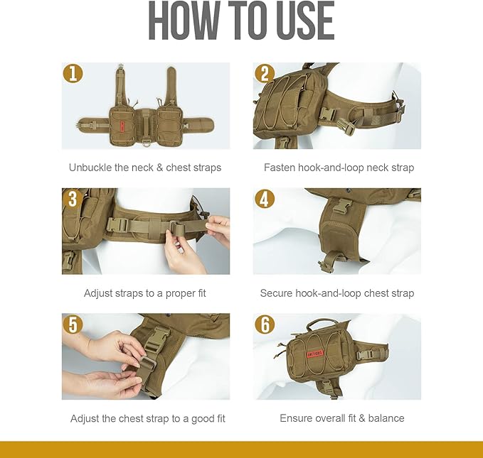 OneTigris Dog Backpack for Medium & Large Dogs, Nylon Backpack for Dogs Tactical Pet Backpack with Side Pockets for Hiking Walking Training Running (Brown, Large)