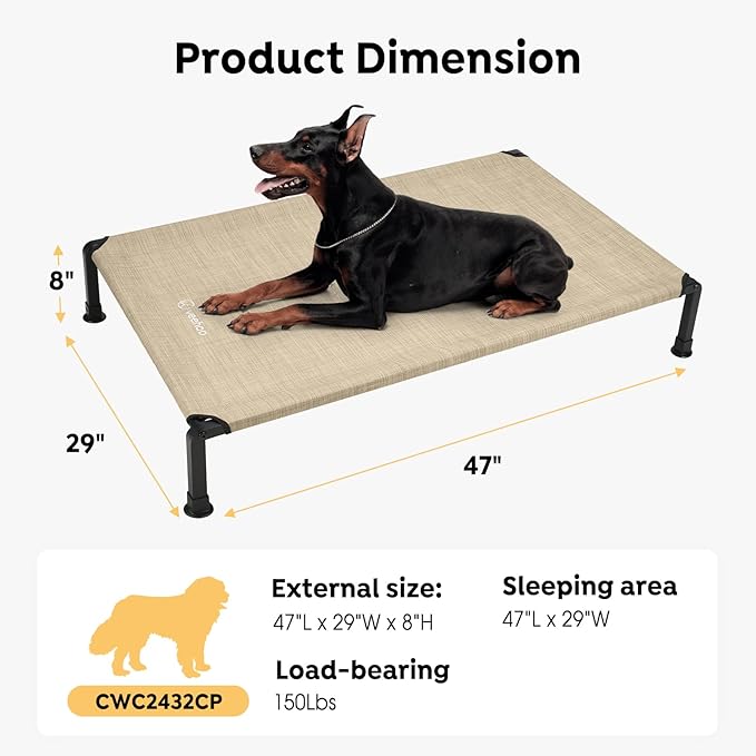 Veehoo Heavy Duty Elevated Dog Bed - Raised Dog Cot with Washable & Breathable Teslin Mesh, Non-Slip Silicon Feet, Cooling for Indoor or Outdoor, 47" x 29", Beige Coffee