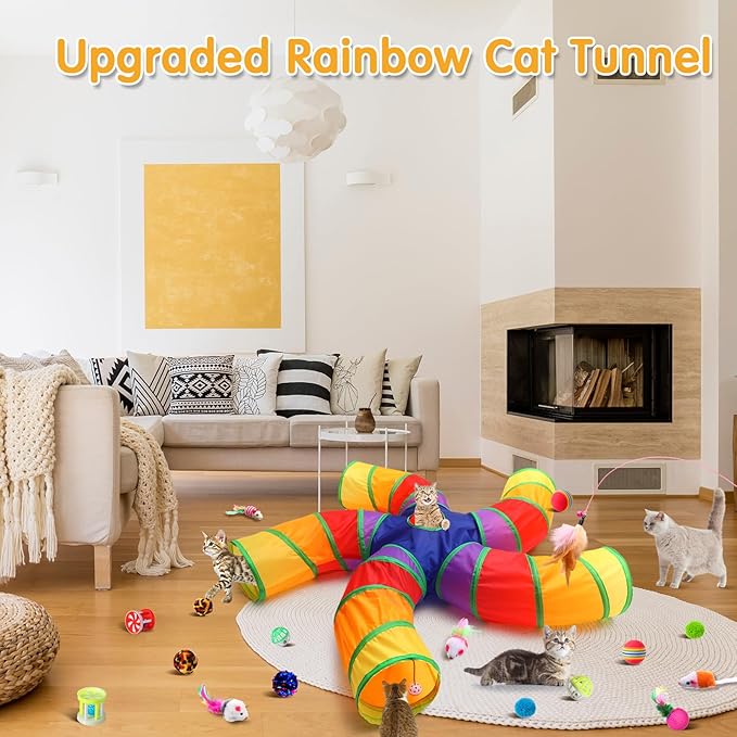 Poen 21 Pcs Cat Tunnel for Indoor Set Collapsible 5 Way Tubes with 20 Pcs Cat Kitten Toys Interactive Feather Toy Mouse Crinkle Balls Tube for Puppy Kitten Rabbit(Colorful)