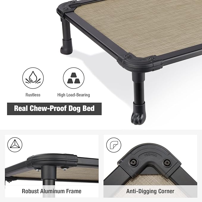 Veehoo Chew Proof Elevated Dog Bed - Cooling Raised Pet Cot - Rustless Aluminum Frame and Durable Textilene Mesh, Unique Designed No-Slip Feet for Indoor or Outdoor Use, Beige Coffee, Medium