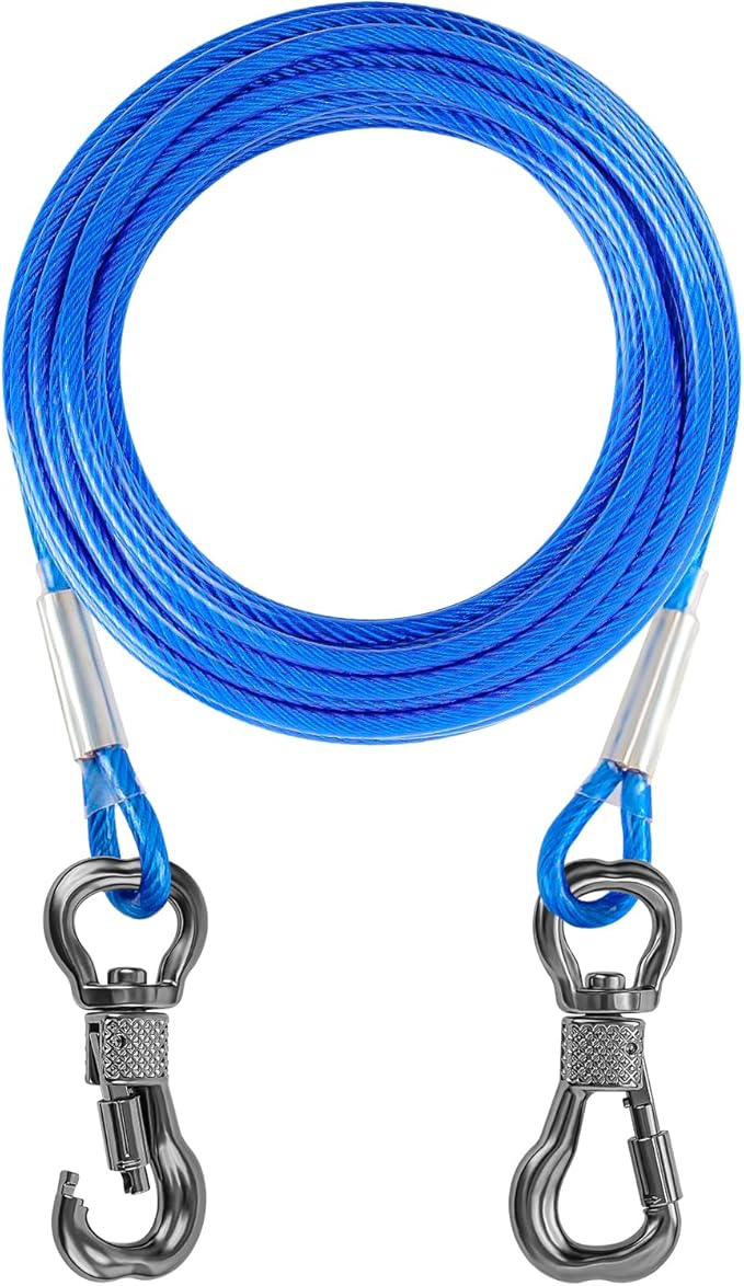 Tresbro 15FT Reflective Tie Out Cable for Dogs Up to 250 Pounds, Steel Wire Lead Leash Cable with Stainless Rotatable Clip, Lightweight and Enduring, Dog Lead Chains for Outside,Yard,Camping, Blue