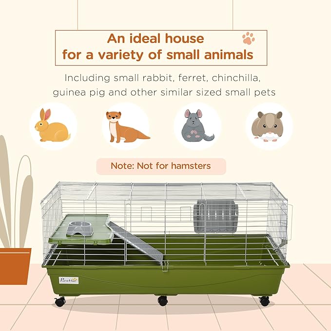PawHut 47" L Small Animal Cage, Rolling Bunny Cage, Guinea Pig Cage with Food Dish, Water Bottle, Hay Feeder, Platform, Ramp for Chinchilla, Green
