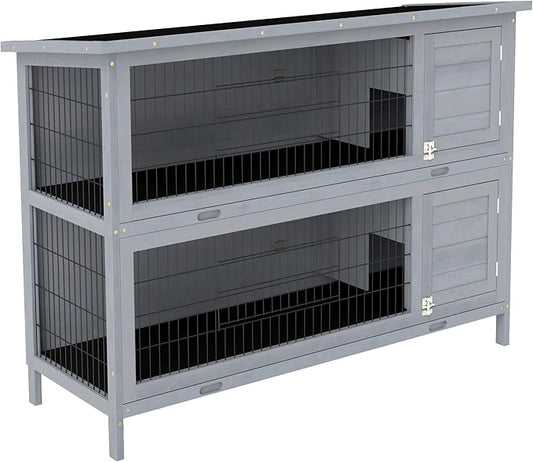 PawHut 54" 2-Story Large Rabbit Hutch Bunny Cage Wooden Pet House Small Animal Habitat with Lockable Doors, No Leak Tray and Waterproof Roof for Outdoor/Indoor Grey