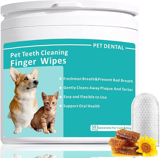 Pet Tooth Cleaning Finger Wipes (50Pcs),Dog Teeth Cleaning Wipes,Dog Dental Cleaning Finger Sleeves,Reduces Plaque & Freshens Breath,Freshens Breath, Safe and Natural