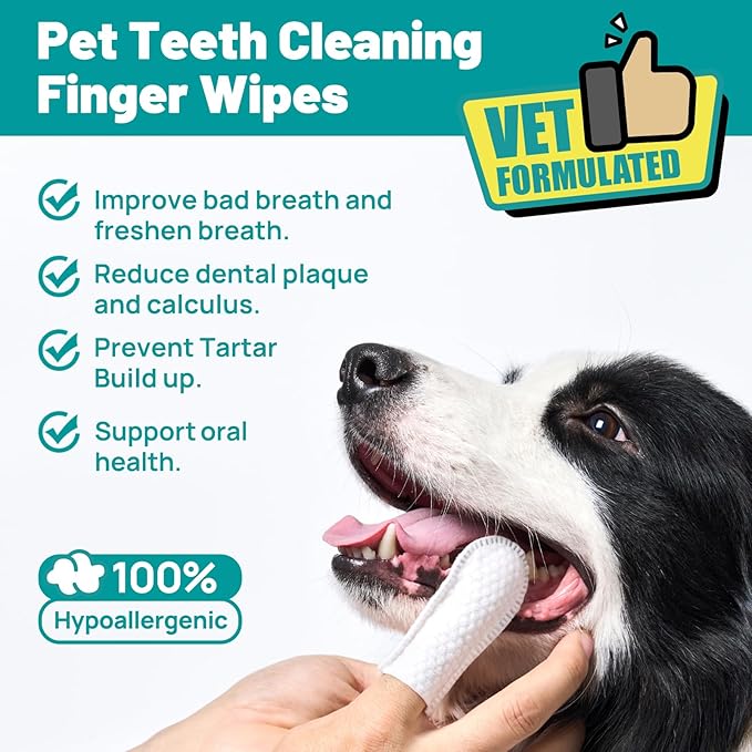 Dog Dental Care Finger Wipes - Teeth Cleaning Finger Wipes for Dog & Cats - Tooth Brushing Kit Dental Wipes for Dog - Reduces Plaque & Freshens Breath (50 PCS, Unscented)