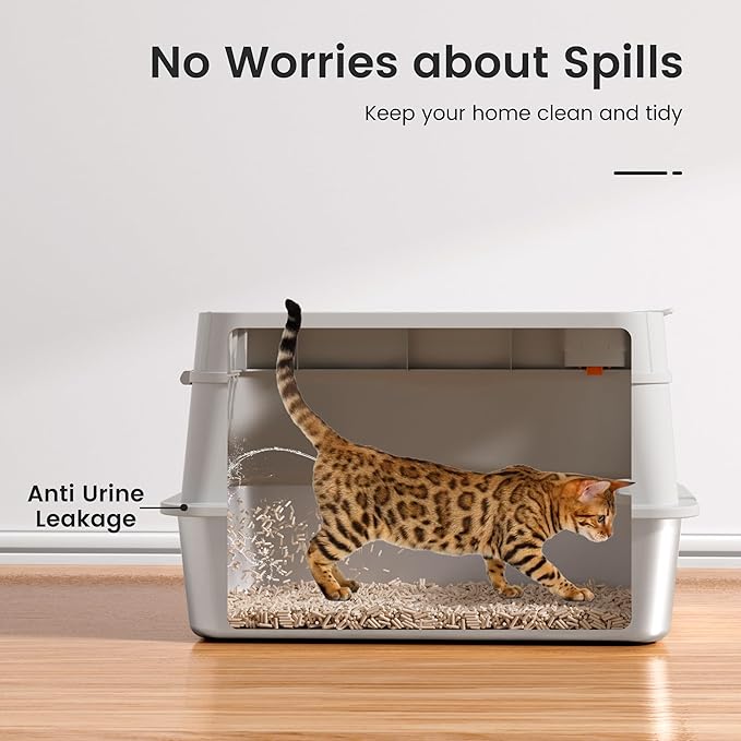 XL Stainless Steel Cat Litter Box with Easy-Open Lid, AOTRUTII Enclosed Metal Litter Box for Big Cats, Front Entry & Top Exit, High Sided, Anti-Leak, Non-Stick, Easy to Clean, Includes Scoop