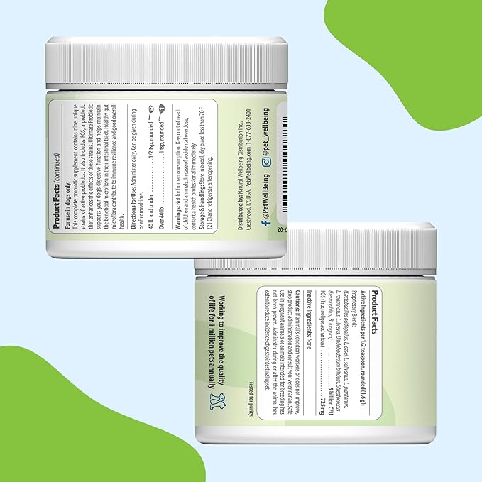 Pet Wellbeing - Ultimate Probiotic 9 Strains for Cats and Dogs - Natural Support for Digestion and Urinary Tract Health 160 Grams.
