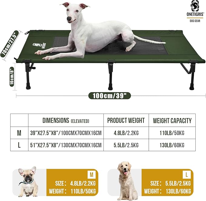 ONETIGRIS Elevated Dog Bed, Outdoor Dog Cod Large Raised Dogs Bed with Chew Proof Mesh, No-Slip Portable Dogs Cot Bed for Indoor & Outdoor Portable (Green, Large)