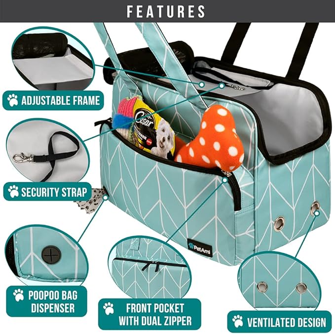 PetAmi Small Dog Purse Carrier, Soft-Sided Pet Carrier Bag with Pockets, Portable Puppy Cat Travel Handbag Tote, Airline Approved Breathable Mesh, Poop Bag Dispenser, Max 18 lbs, Chevron Teal