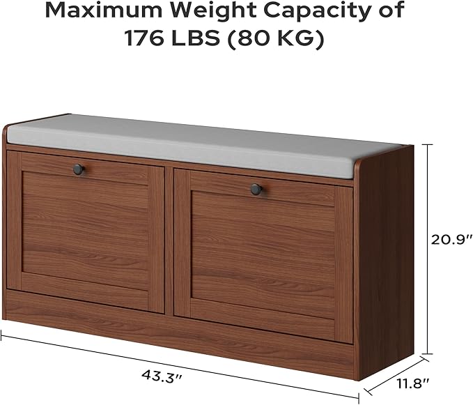 MHOM Brown Modern Entryway Bench with 2 Flip Drawers, Entryway Shoe Bench with Padded Seat Cushion, Wooden Storage Bench for Bedroom and Apartment