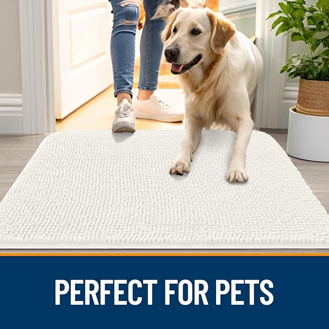 OLANLY Dog Door Mat for Muddy Paws 40x32, Absorbs Moisture and Dirt, Absorbent Non-Slip Washable Doormat, Quick Dry Chenille Mud Mat for Dogs, Entry Indoor Entryway Carpet for Inside Floor, Ivory