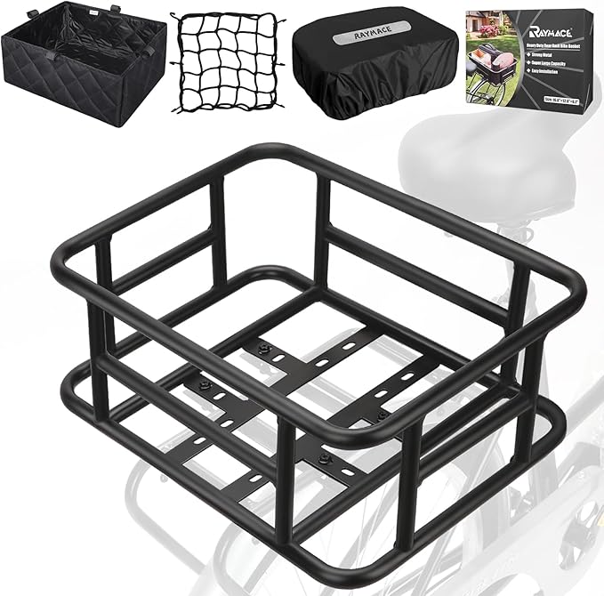RAYMACE Rear Rack Bike Basket with Cargo Net and Liner Large Bicycle Basket Perfect Mount for Electric Bike