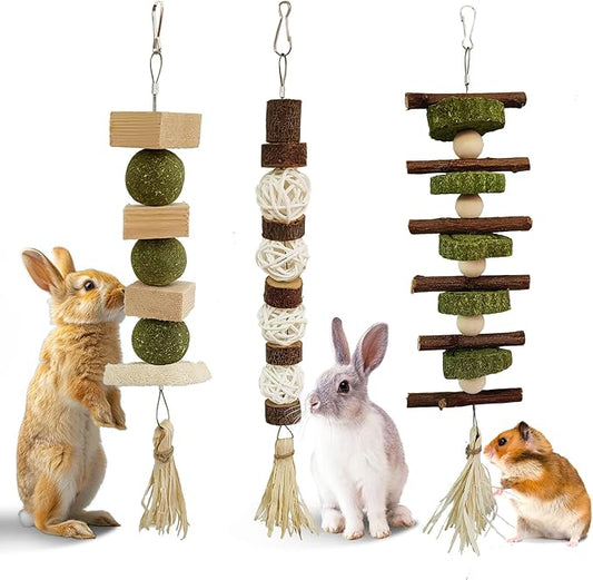 WDEFUN 3 PCS Bunny Chew Toys, Natural Hanging Rabbit Chew Toy Treats for Guinea Pigs Hamsters Gerbils Chinchilla and Other Small Pets for Teeth Grinding