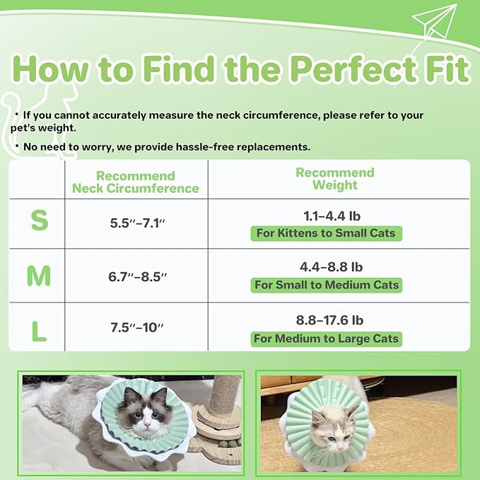 Soft Cat Cone Collar for Cats– Adjustable Lightweight Recovery E-Collar to Stop Licking, Scratching & Biting After Surgery, Comfortable Wound Healing Cone Alternative (Green, M)