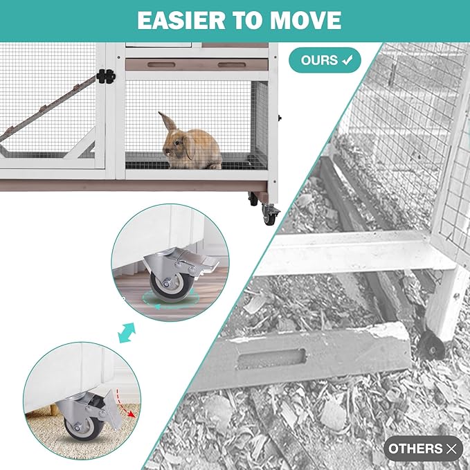 Rabbit Hutch Indoor for 2-4 Rabbits & Guinea Pigs，Bunny Cage with Slide-Out Plastic Trays，Wooden Small Animal Cage for Rabbits, Bunnies, and Guinea Pigs