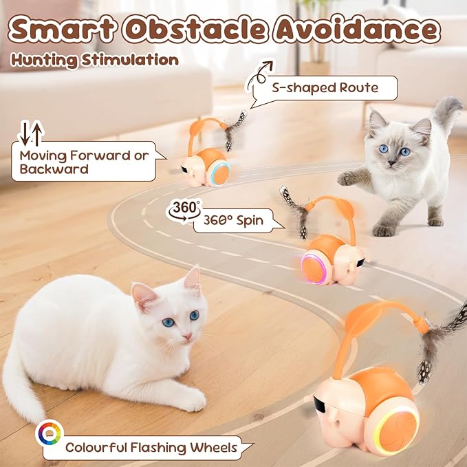 SlowTon Cat Interactive Toy for Indoor Cats - Remote Control Automatic Smart Moving Cat Toys with 2 Modes, Rechargeable Kitten Feather Toys for All Breeds of Bored Cats(Orange)