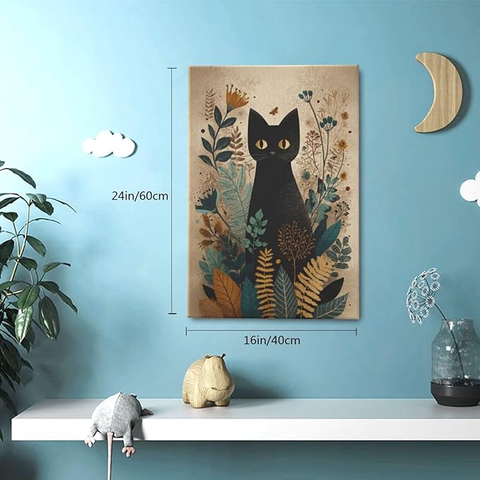 Boho Black Cat Wall Art Kitten Botanical Wall Decor Mid Century Modern Canvas Painting Print Minimalist Pictures Artwork Framed Decorations Gifts for Cat Lover Bathroom Nursery Living Room Bedroom Kitchen 16"x24"