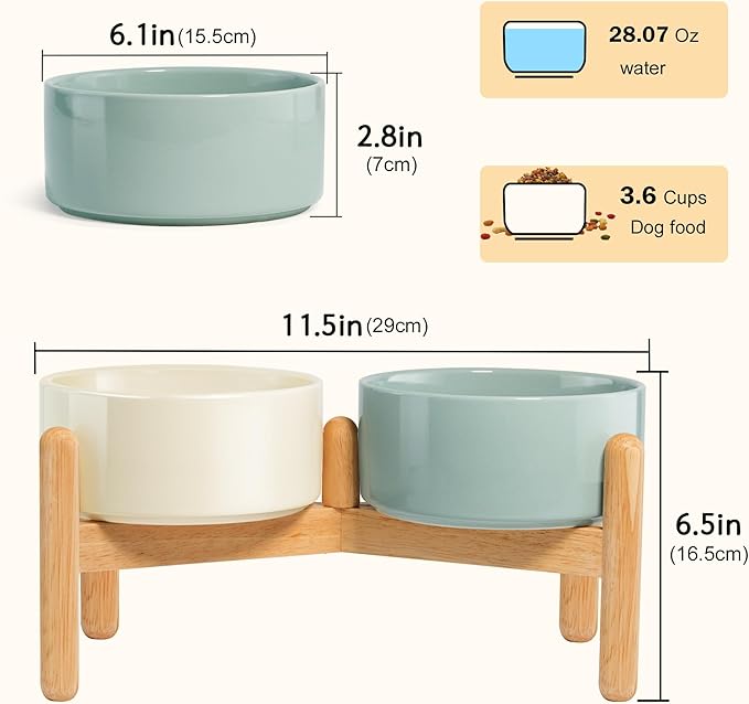Wordcam Elevated Ceramic Dog Bowls,Raised Dog Dish with Stand,Pet Food and Water Feeding Bowls for Small Medium Dogs(6.5''Tall-28 Oz-3.6 Cups)