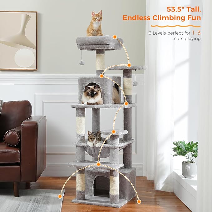 PAWZ Road Cat Tree, 53.5 Inches Tall Cat Tower with Spacious Hammocks, Condos and Scratching Posts, Cat House with Dual Padded Perches for Indoor Large Cats-Gray