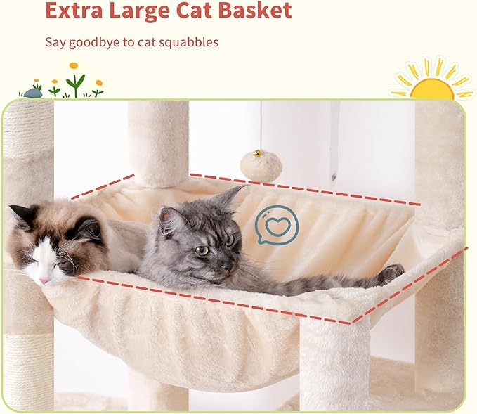 Hey-brother Tall Cat Tree Tower, Heavy Duty Scratching Posts with Large Platforms, Cozy Condos, Big Hammock, Toy Balls, Multi-Level Furniture for Indoor Adult Cats, 80.7 Inches, Beige MPJ039M