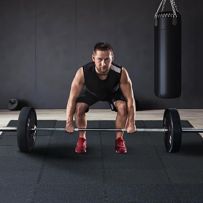 VEVOR 0.56 Inch Thick Gym Floor Tiles, 6 Tiles Rubber Top with EVA Foam, 25" x 25" Gym Flooring Workout Mats with 25 sq.ft Coverage, Interlocking Puzzle Gym Mats for Gym, Home, Garage, Black & Blue