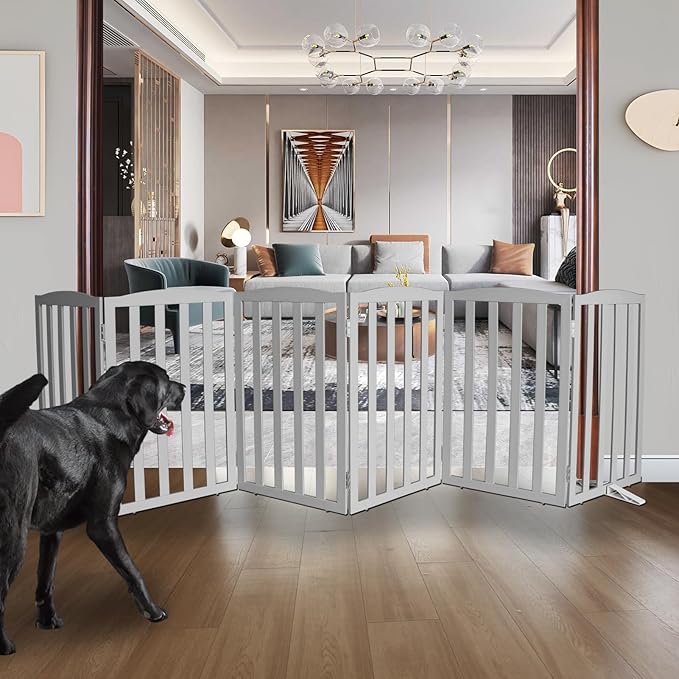 ZJSF Foldable Freestanding Indoor Dog Gate for House Wood Long Pet Gates Dog Fence for Stairs Puppy Gates for Hallways, Puppy Gate,Support Feet Included, Grey, 32 "Height-6 Panels