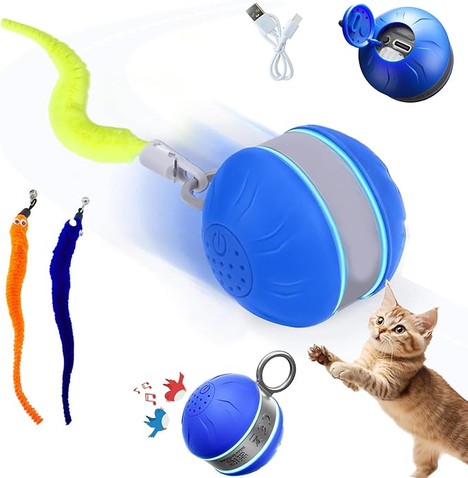 Interactive Cat Toys for Indoor Cats with 3 Mouse Tails,Electric Cat Ball Toy with Bird Chirping Sounds,Automatic Spinning Moving,300mAh Long Endurance Type-C Rechargeable,Pet Cat Supplies (Blue)