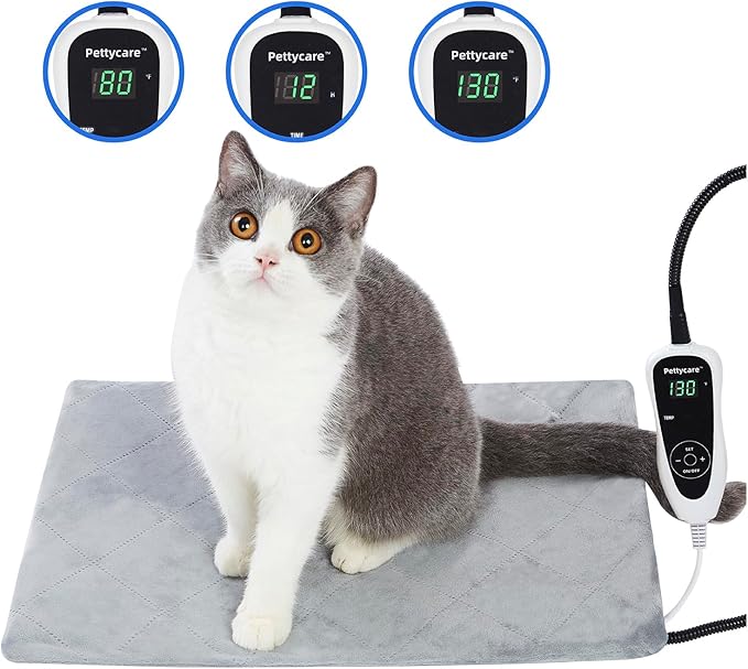 pettycare Pet Heating Pad for Dog Cat, Electric Heating with Steel-Wrapped Cord, 25-Level Timer & 11-Level Temperature Indoor Warming Pads Easy Clean for Puppy Cat Dog S 17.4x14inch