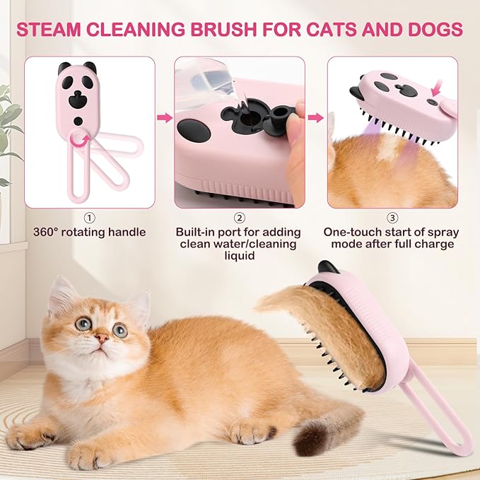 Pet Steam Brush for Dog & Cat,3-in-1 Spray Hair Removal Comb,Pet Steam Groomer Comb,Water Brush for Long & Short Haired Pets,Massage, Cleaning, Multifunctional Hair Removal Comb for Cats Dogs (Pink)