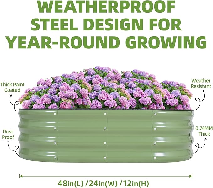 G GOOD GAIN Galvanized Metal Raised Garden Bed Kit - 4x2x1FT Outdoor Planter Box with Safety Edging and Gloves for Vegetables, Fruits, Flowers(Oliver Green, 2PC)