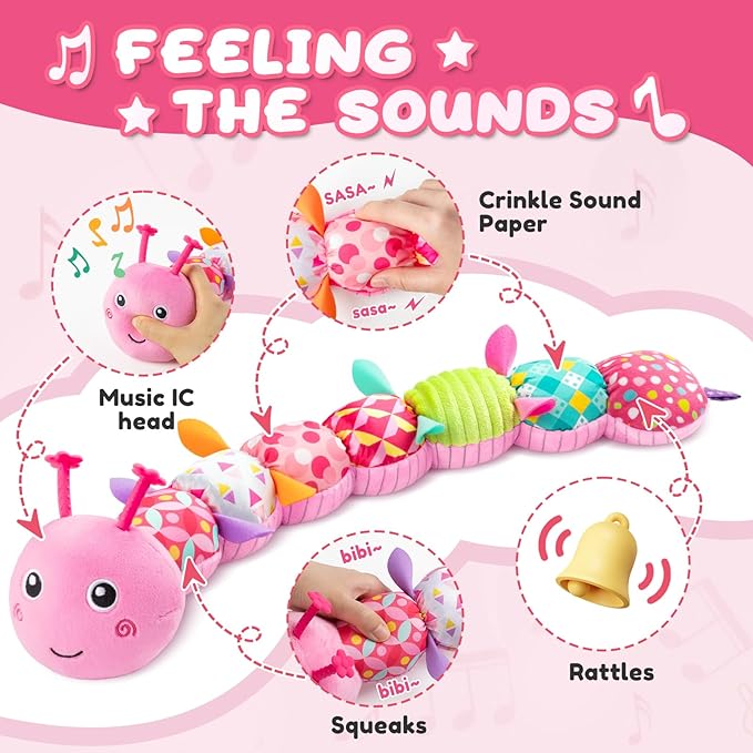 Baby Toys 0-6-12 Months,Infant Musical Stuffed Animals Activity Toys with Muti-Sensory Crinkle,Rattles,Baby Girl Toys Gifts for Newborn Tummy Time,Caterpillar,Pink