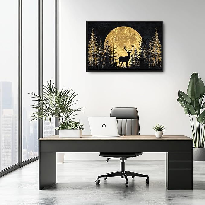 Large Moon Forest Deer Wall Art for Living Room, Black Deer Canvas Oversized Wall Decor, Elk Animal Aesthetics Framed Pictures Painting Print Artwork for Bedroom Office 36L" x 24W"