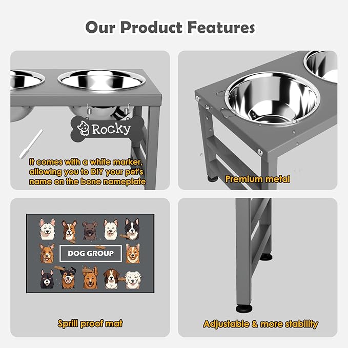 Elevated Dog Bowls, 10" Tall Height, Raised Bowl Stand with 2 Stainless Steel Food Feeder Bowls (58oz) and Spill-Proof Mat for Medium Large and Small Breeds, Grey