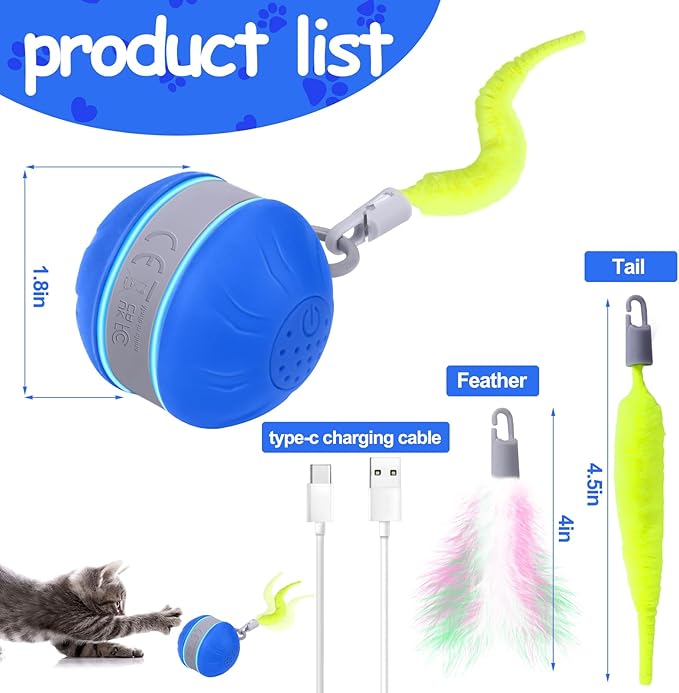 AIERSA Interactive Cat Toys for Indoor Adult Cats, Automatic Self-Play Cat Ball Toy for Kitten to Keep Them Busy, Electric Moving Chase Toy (Blue)