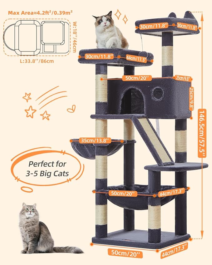 Taoqimiao Cat Tree 57.5-Inch, Cat Tower for Indoor Cats Large Adult, Extra Large Cat Condo, 8 Sisal Scratching Posts, Metal Frame Cozy Hammock, Durable Scratch Board, 2 Top Perches, Smoky Gray MS026G