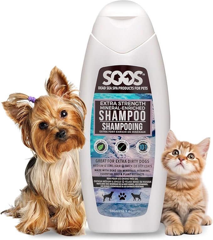 Soos Pet Shampoo Extra Strength Cat and Dog Shampoo Natural Dead Sea Minerals Fast Absorbing - 1x Bottle (500ml)