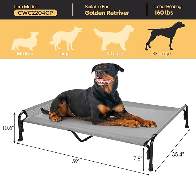 Veehoo XXL Outdoor Elevated Dog Bed, Raised Dog Cot for Extra Large Dogs, Cooling Washable Waterproof Pet Hammock Beds with Slope Headrest, Breathable Mesh and Sturdy Frame, XX-Large, Grey, CWC2204