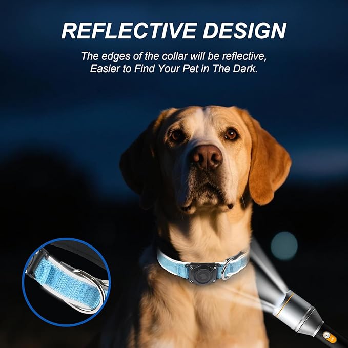 Waterproof Airtag Dog Collar - Nylon Collar with Durable Airtag Holder, Reflective&Anti-Lost with Safety Metal Buckle, Soft Padded Adjustable for Small Medium Large Dogs Blue L