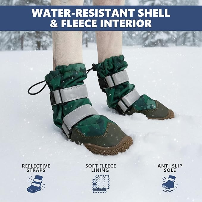Spark Paws Dog Shoes, Waterproof Dog Boots for Medium to Large Dogs, Non Slip, Breathable Dog Booties and Paw Protectors - 4PCS Doggie Hiking Boots with Reflective Straps, Green Camo, Size 5