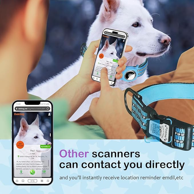 Reflective Dog Collar with Apple AirTag Holder & QR Code Pet ID Tag,Soft Nylon Adjustable Dog Tracker Collar with Safety Lock for Small Dogs (Blue, S)
