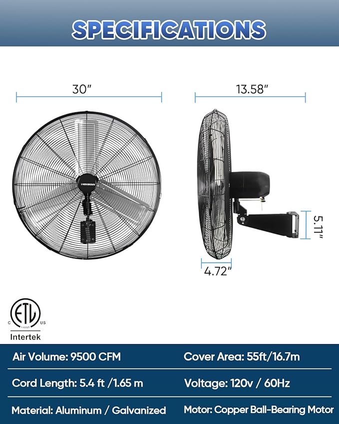 KEN BROWN 30 Inch Industrial Oscillating Wall Mount Fan - 7497 CFM High Velocity, Heavy Duty Metal Construction, 2 Speed Settings, Black