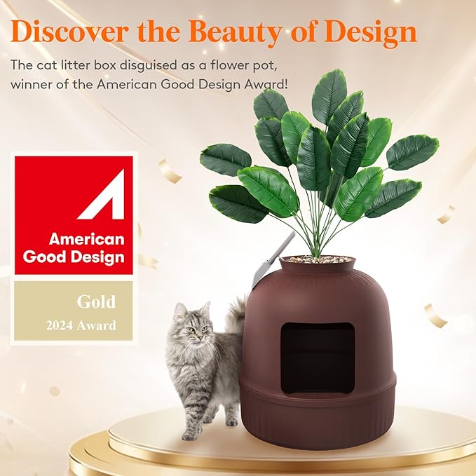 Lifewit Litter Box with Faux Plant & Scoop for Large Cat, Hidden Corner Enclosure Litter Tray with Odor Control & Carbon Filter in Living Room/Bedroom/Bathroom, Brown