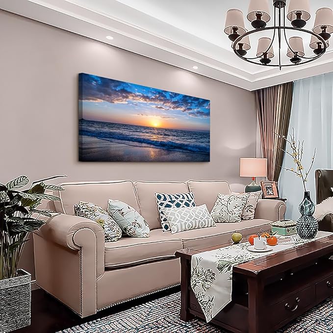 Lapremoly Large Canvas Wall Art For Living Room farmhouse Wall Decor For Office Ocean Wave Wall Paintings Blue Sea Beach Pictures Framed Ready To Hang Bedroom Decor Prints Posters Art 24X48 inch