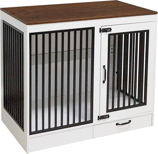 White Heavy Duty Furniture Dog Crate, Wood and Metal Kennel Cage, Pet House End Table with Drawer and Pull-Out Design, Dog Home for Indoor use, Large Size