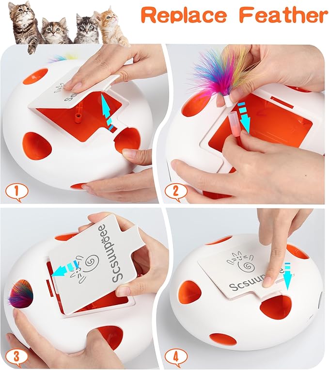 Interactive Cat Toy, Electric Cat Toys for Moving Concealed Feathers, Smart Sensor 7 Holes Whack a Mole Feather Toy, USB Charge Automatic Kitten Toys,White